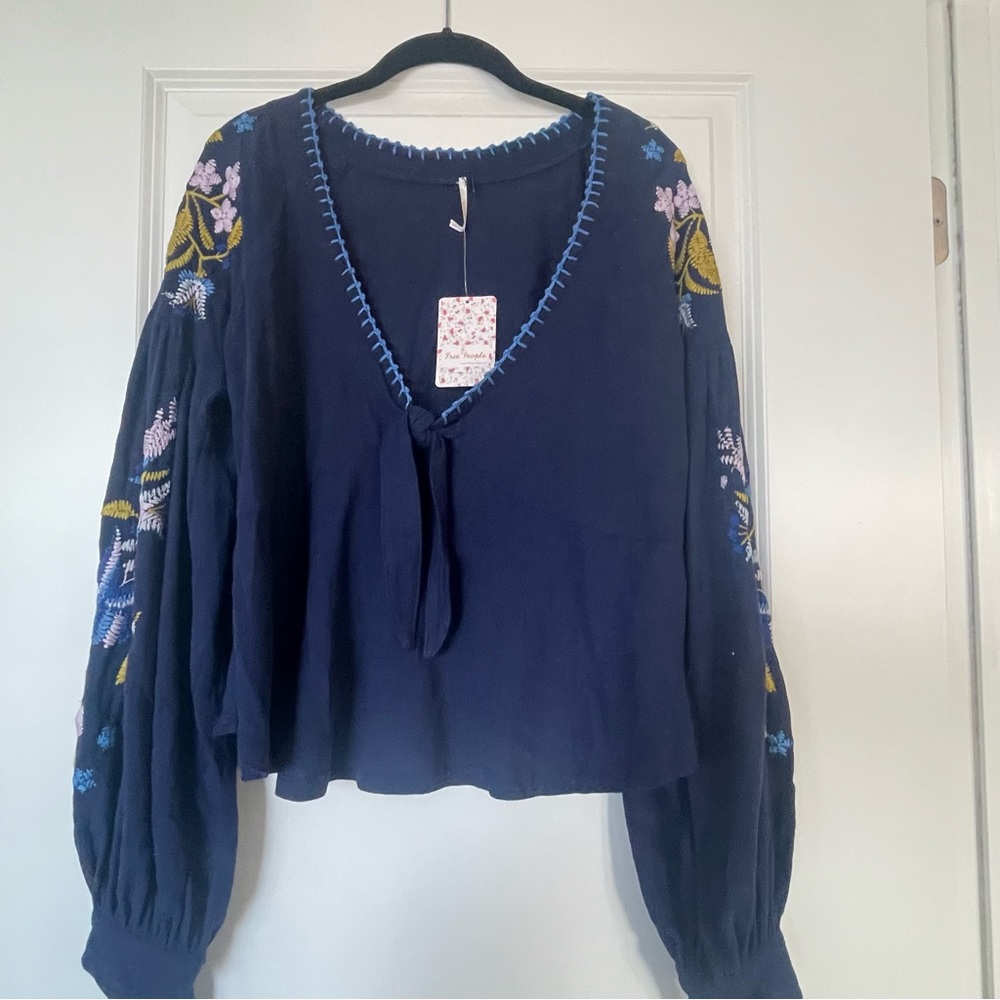 Free people embroidered navy cropped tie top